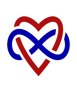 Sigle polyamour symbole infini bleu ancré dans cœur rouge